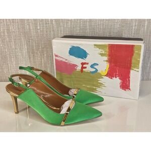 FSJ Green Satin Slingback Pumps Gold Heel Pointed Toe Shoes Size 9.5 052/023